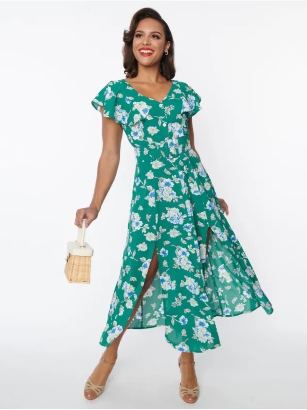 Unique Vintage Green Floral Button-Down Dress